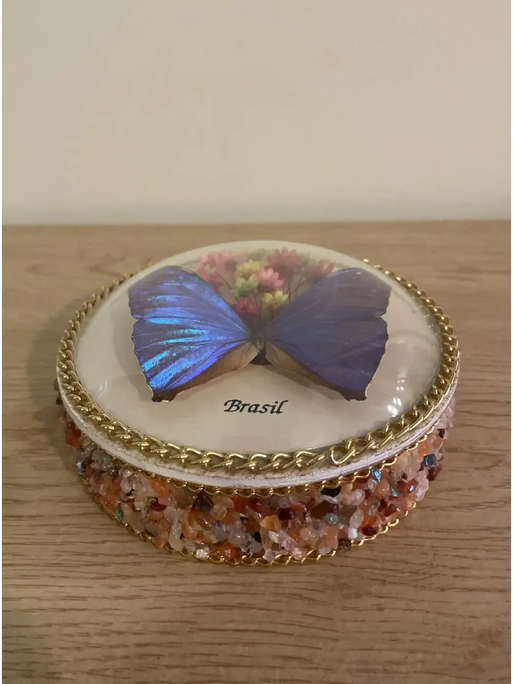 VTG 4.25” Real Morpho Butterfly & Flowers Brazil Souvenir Jewelry Trinket Box